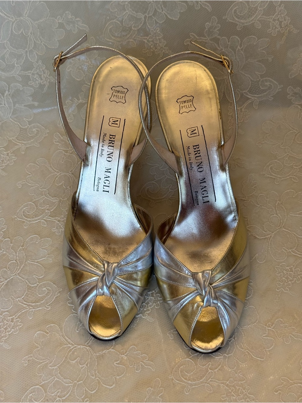 Bruno Magli Metallic Silver and Gold Knot Peep-Toe Slingback Vintage Heels